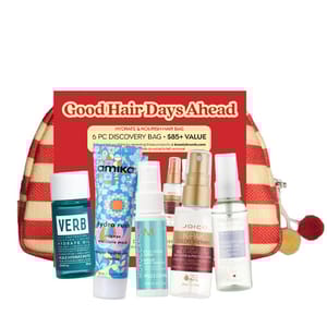 A discovery bag labeled \“Good Hair Days Ahead\“ featuring six hair care products: Verb Hydrate Conditioner, Amika Moisture Mask, Moroccanoil Treatment, Joico K-PAK Color Therapy, a leave-in conditioner, and a hydrating mist, with a striped zip pouch.