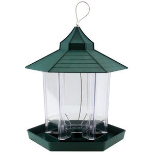 2-pack of hexagonal gazebo bird feeders with a green roof and clear sides for easy seed viewing, designed with a hanging loop on top.
