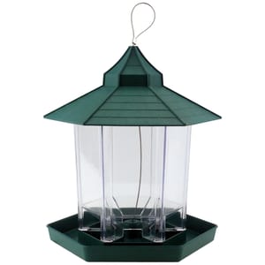 2-pack of hexagonal gazebo bird feeders with a green roof and clear sides for easy seed viewing, designed with a hanging loop on top.