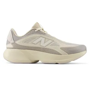 New Balance running shoe with a beige and gray color scheme, featuring a mesh upper and cushioned sole for comfort and support.