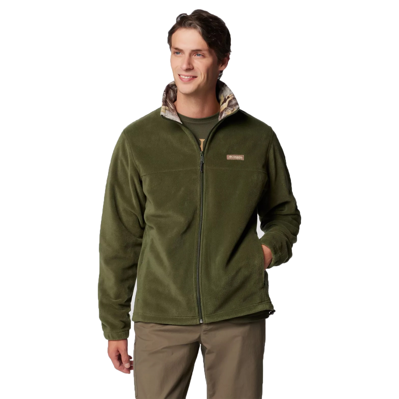 Green Columbia Full-Zip PHG Fleece Jacket with a camouflage-lined collar, long sleeves, and side pockets. Suitable for casual or outdoor activities.