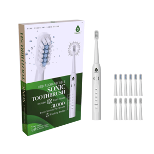 USB rechargeable sonic toothbrush with 12 brush heads, delivering 31,000 strokes per minute and offering 5 brushing modes.