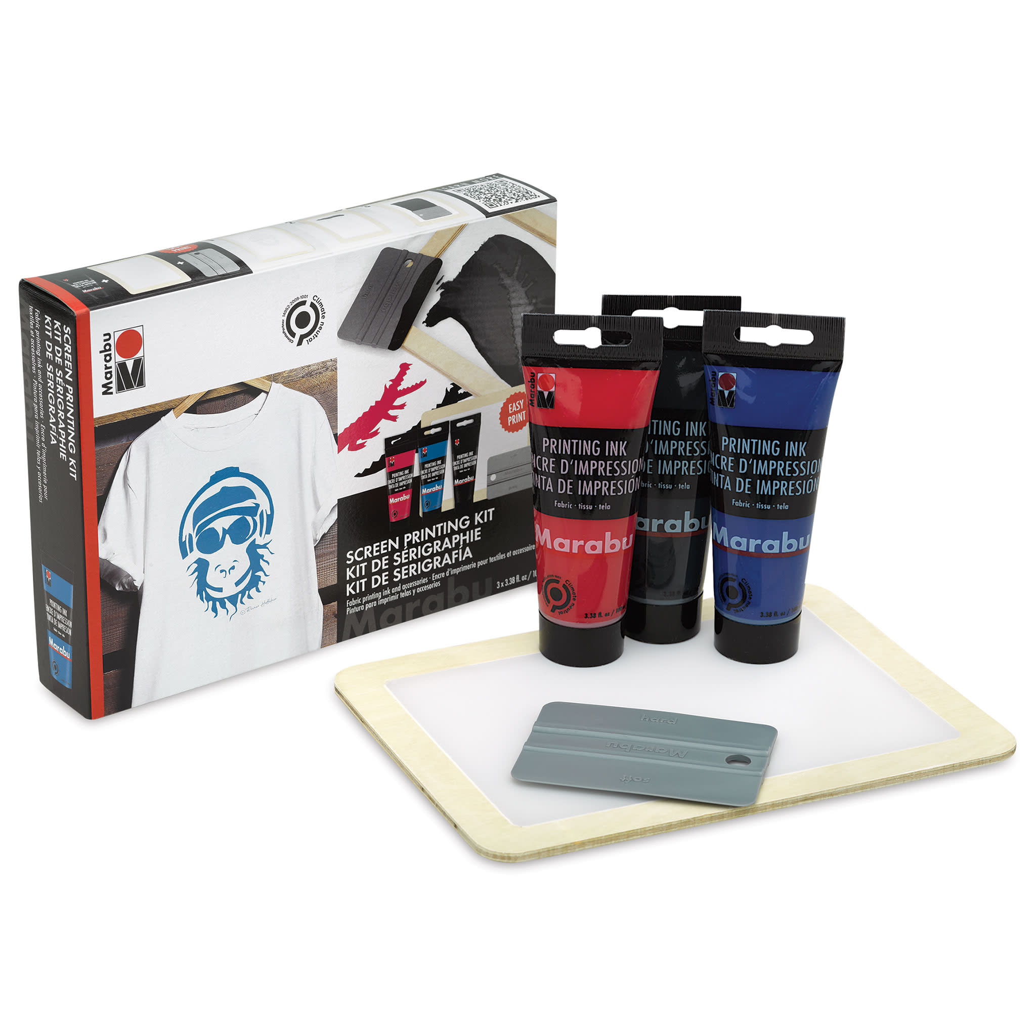Screen printing kit by Marabu featuring three tubes of printing ink in red, black, and blue, a squeegee, and a screen for easy fabric printing.