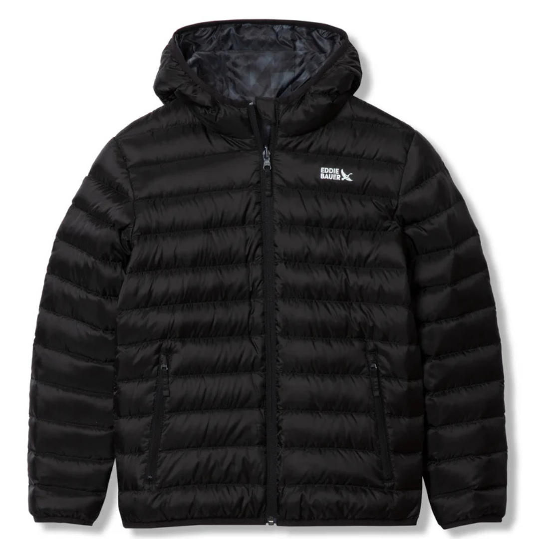Black Eddie Bauer kids' down jacket with horizontal quilting, hood, and zipper closure. Features two zippered pockets and a small logo on the chest.