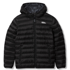 Black Eddie Bauer kids' down jacket with horizontal quilting, hood, and zipper closure. Features two zippered pockets and a small logo on the chest.