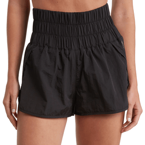 High-waisted, black athletic shorts with a wide, ruched waistband and side pockets.