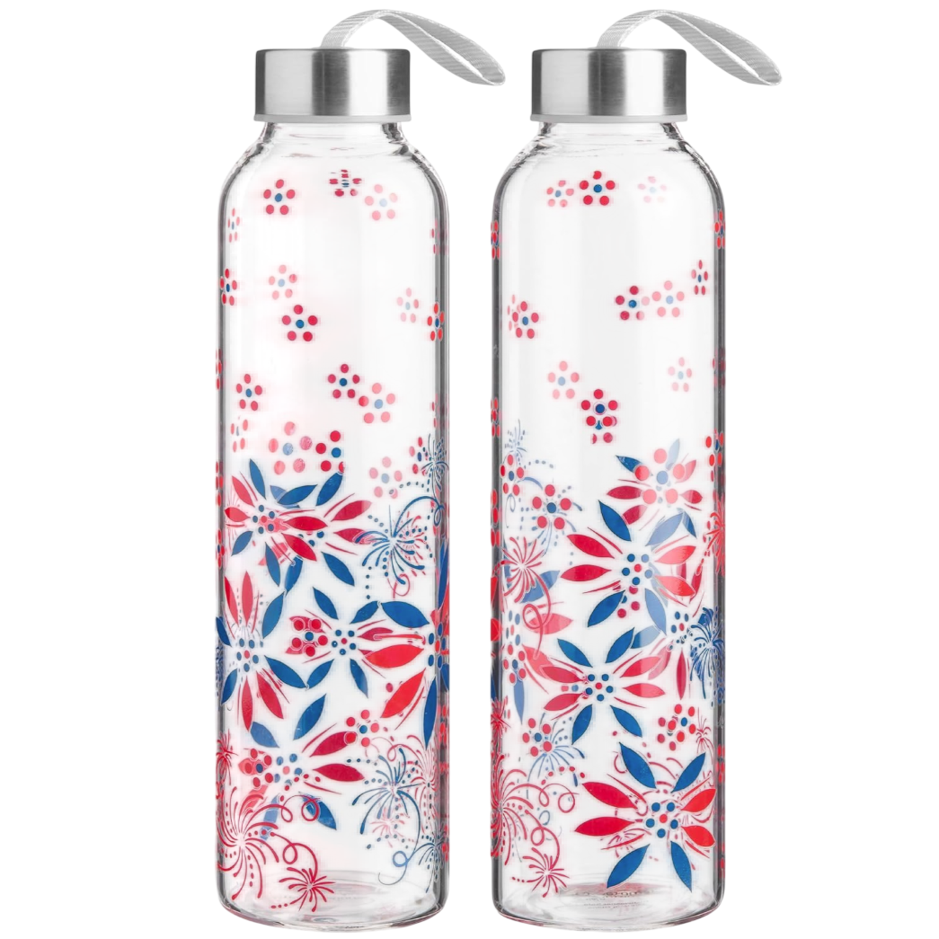 Two clear glass bottles with metal lids and carrying straps, featuring red, white, and blue floral and dot patterns.