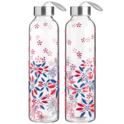 Two clear glass bottles with metal lids and carrying straps, featuring red, white, and blue floral and dot patterns.