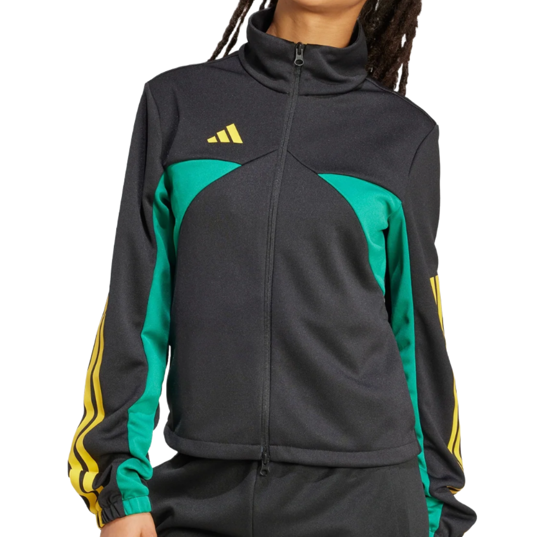 Black track jacket with green accents, yellow stripes on the sleeves, and a partial zip design featuring a logo on the chest.