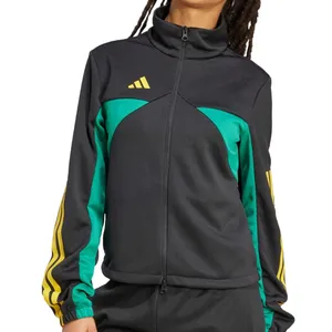 Black track jacket with green accents, yellow stripes on the sleeves, and a partial zip design featuring a logo on the chest.