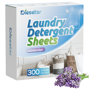 Laundry detergent sheets with a lavender scent, suitable for 300 loads. Brand name is Diesetsr.
