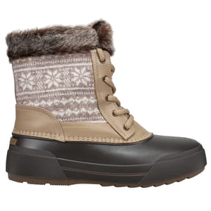 Easy Spirit Duck Boots feature a tan color with faux fur lining at the top, knit snowflake patterns, and a dark brown waterproof rubber sole and toe. They have lace-up closure and leather detailing for added durability and style.