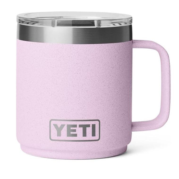 A light purple YETI mug with a clear lid and a solid handle, designed for durability and insulation.