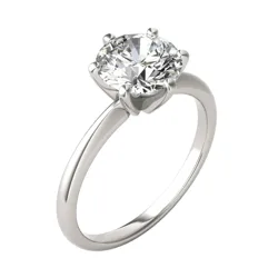 A silver engagement ring with a round, brilliant-cut diamond set in a classic solitaire style.