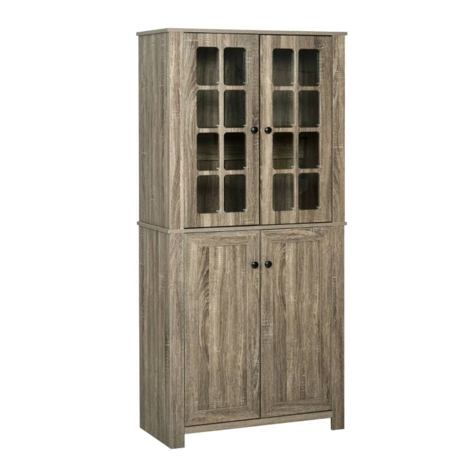 Wooden cabinet with glass-paneled upper doors and solid lower doors, finished in a weathered woodgrain texture.