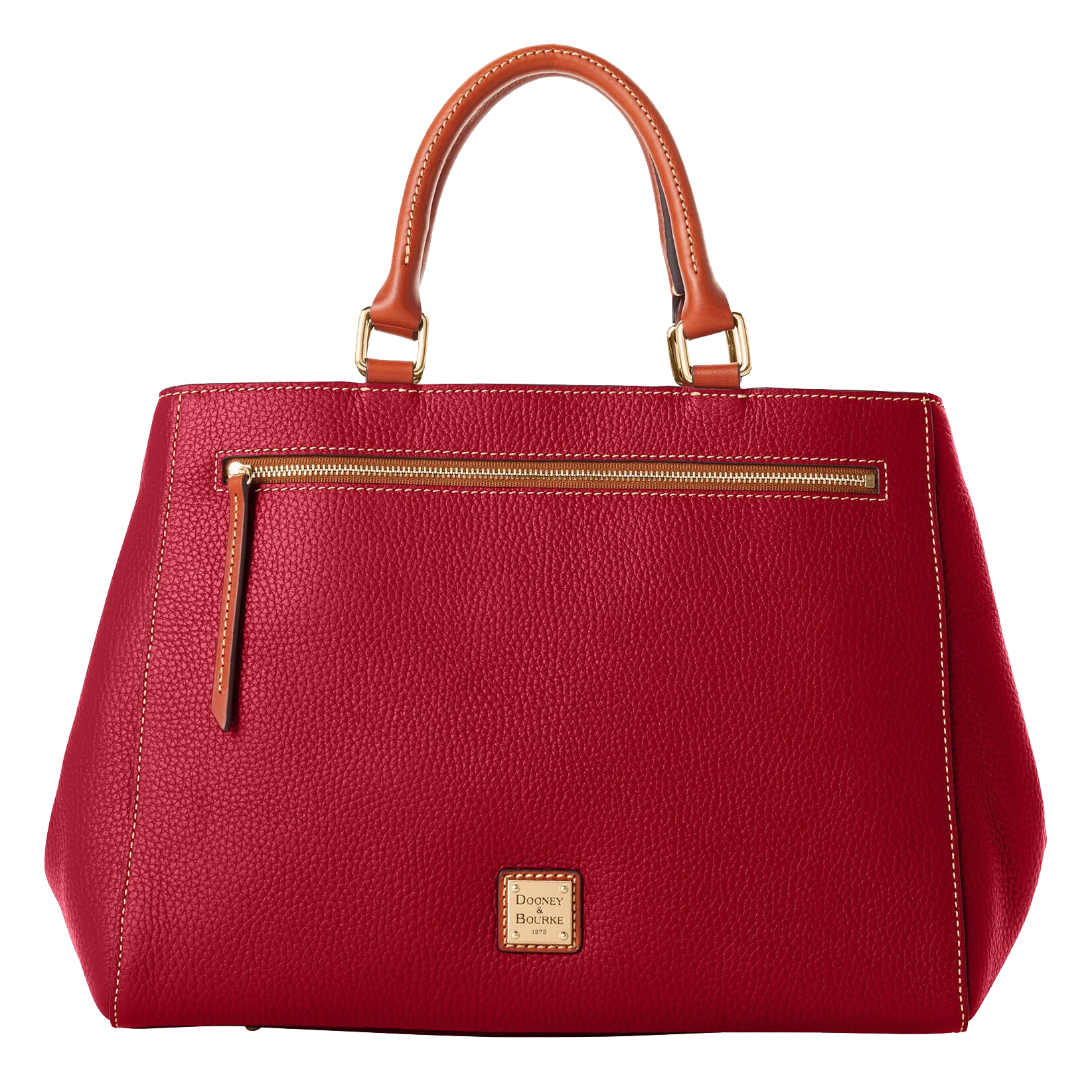 Red leather handbag with tan handles, gold-tone hardware, a front zip pocket, and small logo plaque on the front.