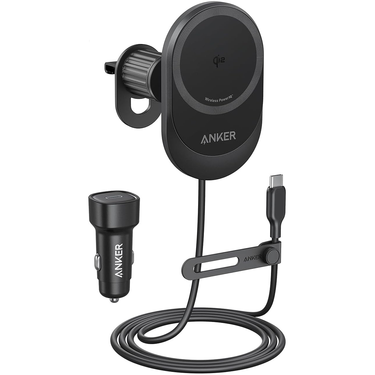 Anker MagSafe Car Charger features a wireless charging pad with Qi2 technology, a USB-C cable, a vent mount, and a car charger adapter.