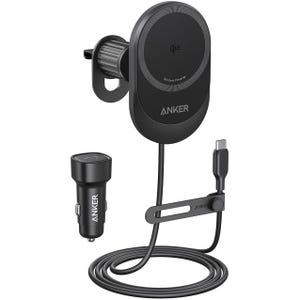 Anker MagSafe Car Charger features a wireless charging pad with Qi2 technology, a USB-C cable, a vent mount, and a car charger adapter.