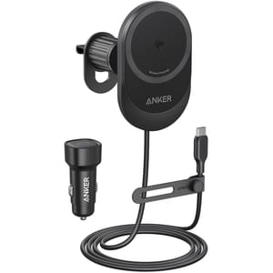Anker MagSafe Car Charger features a wireless charging pad with Qi2 technology, a USB-C cable, a vent mount, and a car charger adapter.