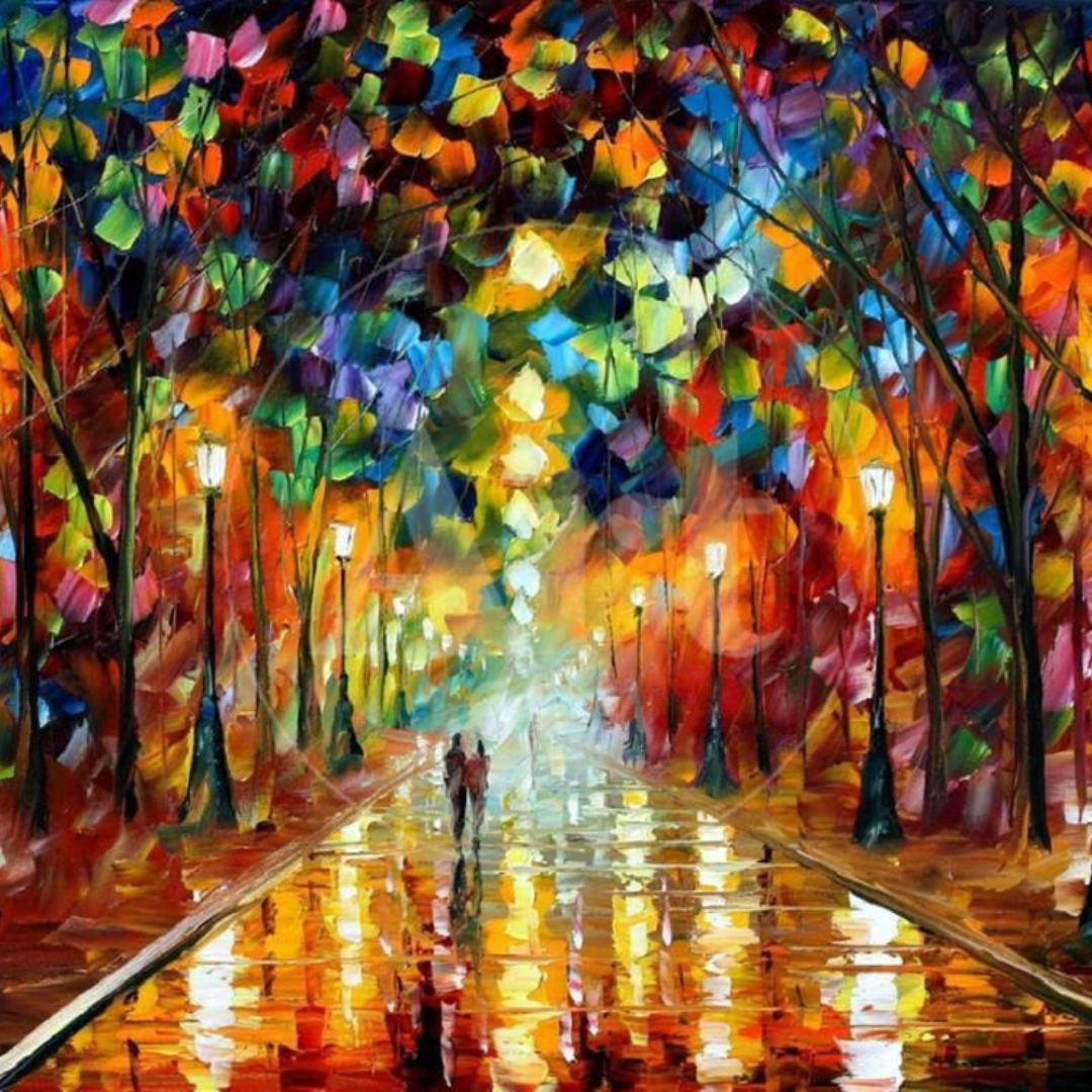 A colorful impressionist painting depicts a vibrant, illuminated park path with glowing streetlights, trees, and a couple walking hand in hand.