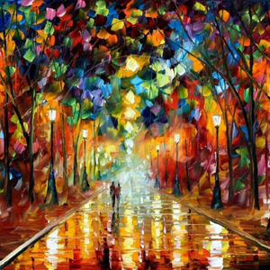 A colorful impressionist painting depicts a vibrant, illuminated park path with glowing streetlights, trees, and a couple walking hand in hand.