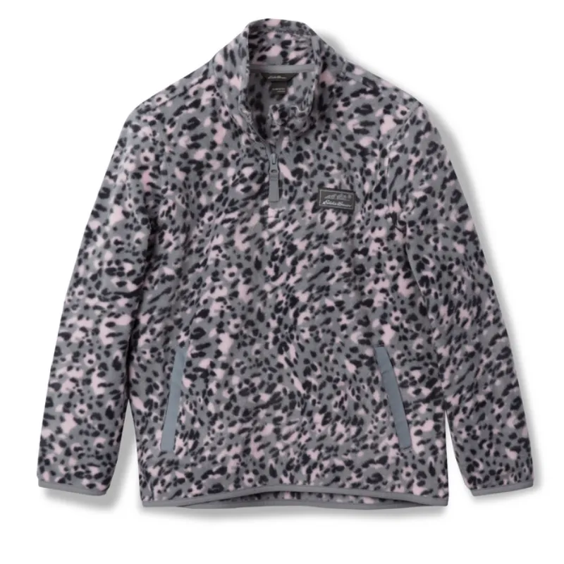 Girls Quest Fleece 1/4-Zip Jacket features a pink and gray leopard print design with a front zipper and two side pockets.