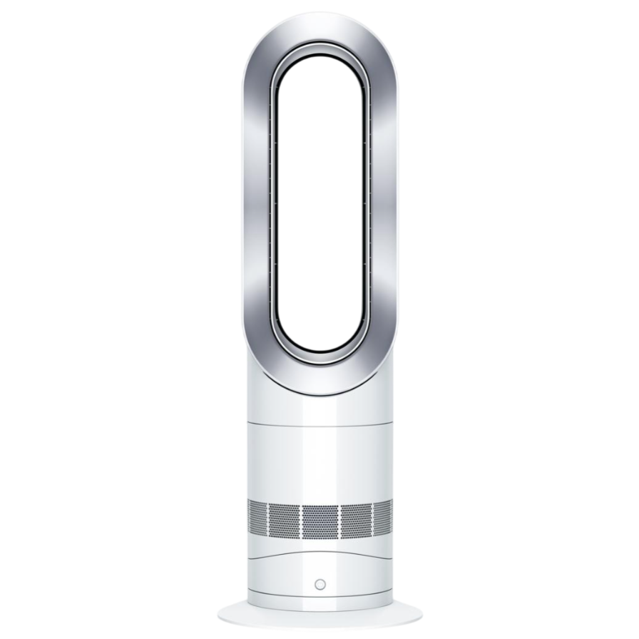 A bladeless tower fan and heater with an oval-shaped air loop and a cylindrical base featuring ventilation grilles and a power button.