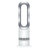 A bladeless tower fan and heater with an oval-shaped air loop and a cylindrical base featuring ventilation grilles and a power button.