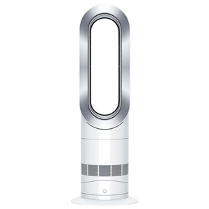 A bladeless tower fan and heater with an oval-shaped air loop and a cylindrical base featuring ventilation grilles and a power button.