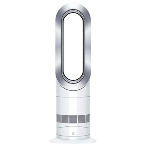 A bladeless tower fan and heater with an oval-shaped air loop and a cylindrical base featuring ventilation grilles and a power button.