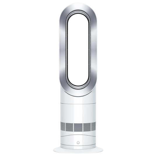 A bladeless tower fan and heater with an oval-shaped air loop and a cylindrical base featuring ventilation grilles and a power button.