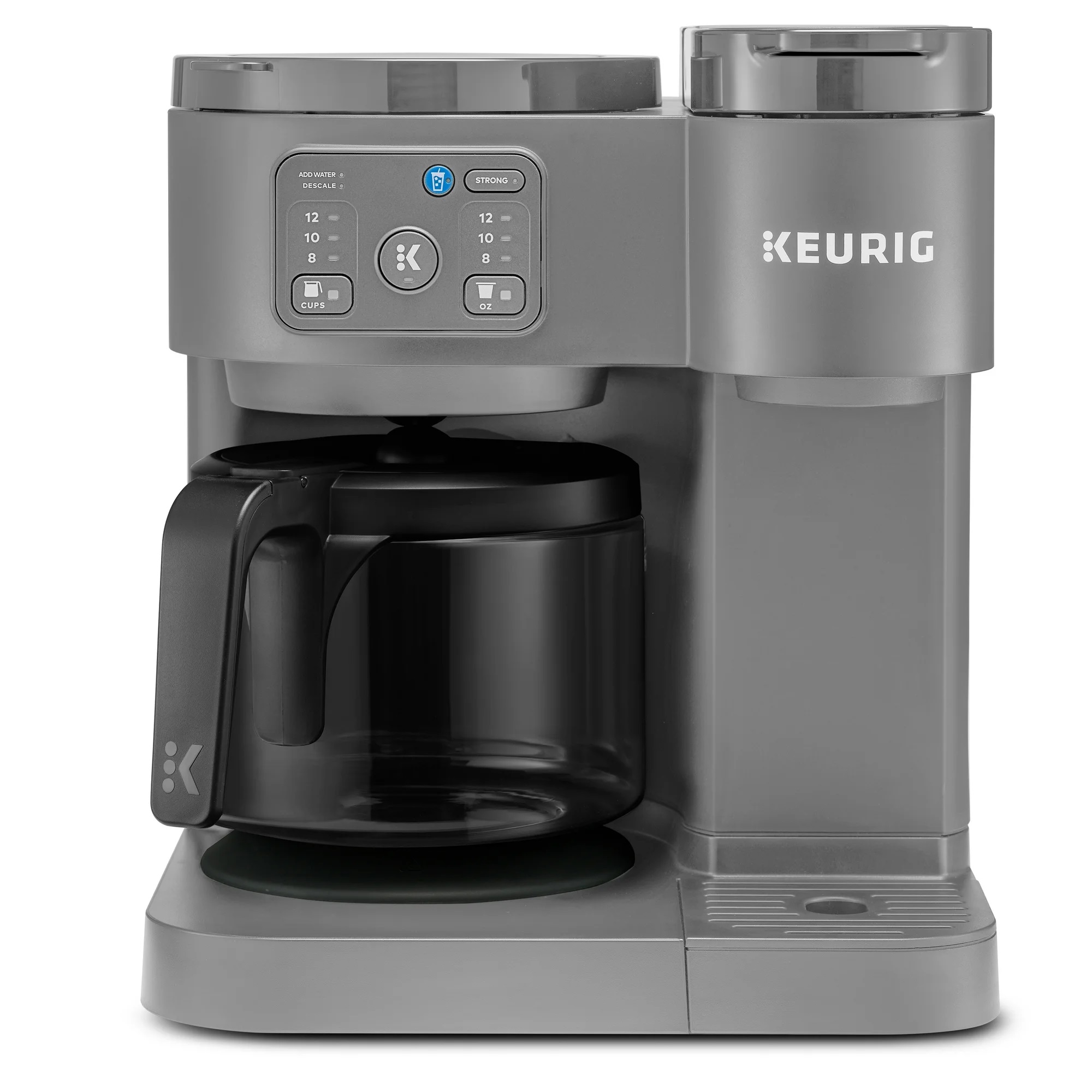 The Keurig K-Duo Hot & Iced Coffee Maker is a dual-function machine with a carafe and single-serve pod brewer. It features cup size options and a strong brew button, suitable for making both hot and iced coffee.
