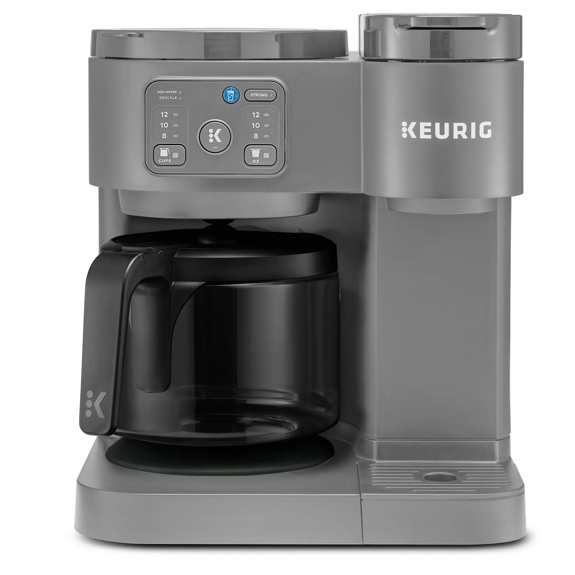The Keurig K-Duo Hot & Iced Coffee Maker is a dual-function machine with a carafe and single-serve pod brewer. It features cup size options and a strong brew button, suitable for making both hot and iced coffee.
