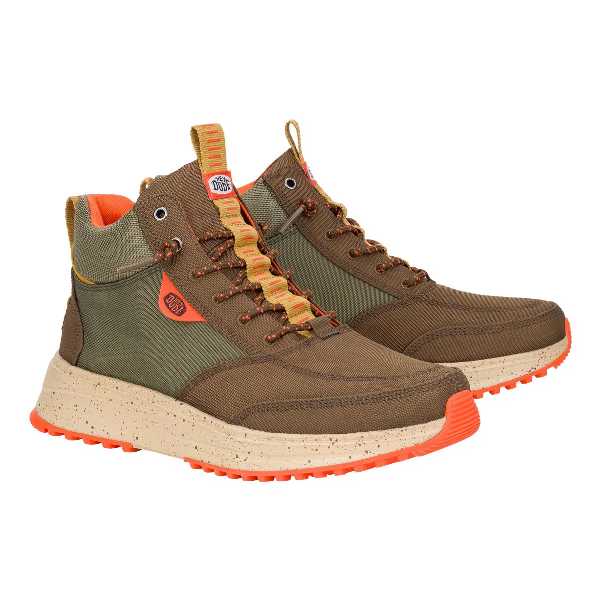 Hey Dude Tahoe Nylon Sneaker Boots feature a high-top design with a brown and olive color scheme, orange accents, and speckled soles. They combine nylon and suede materials with lace-up closures and durable outsoles.