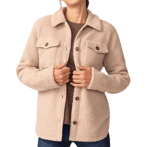 The Free Country Sherpa Shacket is a cozy, beige button-up jacket with a plush, textured exterior and two chest pockets, ideal for layering.