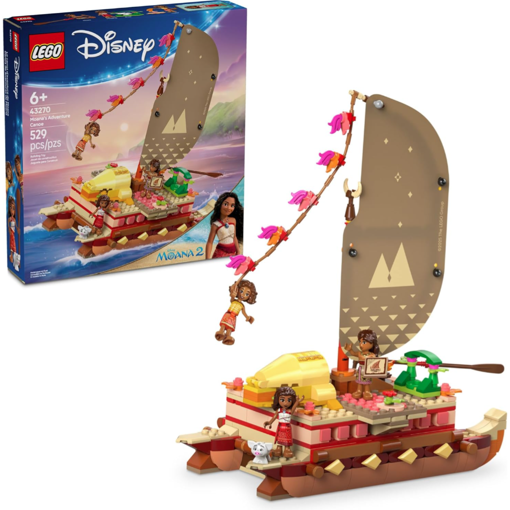 LEGO Disney Moana 2 set (43270) with 529 pieces, featuring Moana's adventure canoe and mini figures, designed for ages 6 and up.