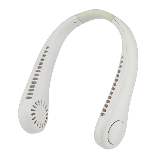A portable, wearable neck fan designed to provide hands-free cooling, featuring vented outlets and controls on the side for easy operation.