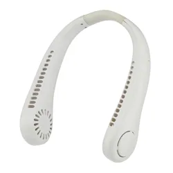 A portable, wearable neck fan designed to provide hands-free cooling, featuring vented outlets and controls on the side for easy operation.