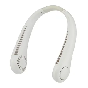 A portable, wearable neck fan designed to provide hands-free cooling, featuring vented outlets and controls on the side for easy operation.