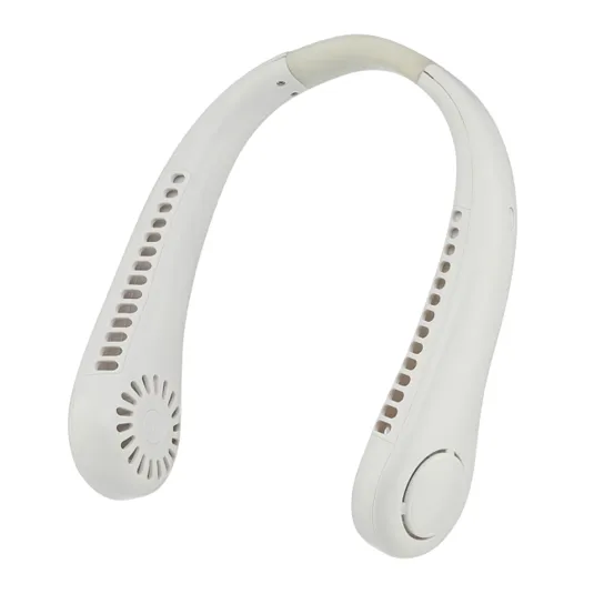 A portable, wearable neck fan designed to provide hands-free cooling, featuring vented outlets and controls on the side for easy operation.