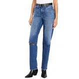 Blue high-waisted jeans with a straight leg and distressed knee details, paired with a black belt and black ankle boots.