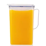 LocknLock Fridge Door Pitcher is a rectangular, clear plastic container with an orange liquid inside, featuring a flip-top lid and a side handle for easy pouring and storage.