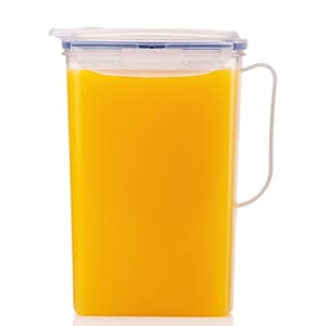 LocknLock Fridge Door Pitcher is a rectangular, clear plastic container with an orange liquid inside, featuring a flip-top lid and a side handle for easy pouring and storage.