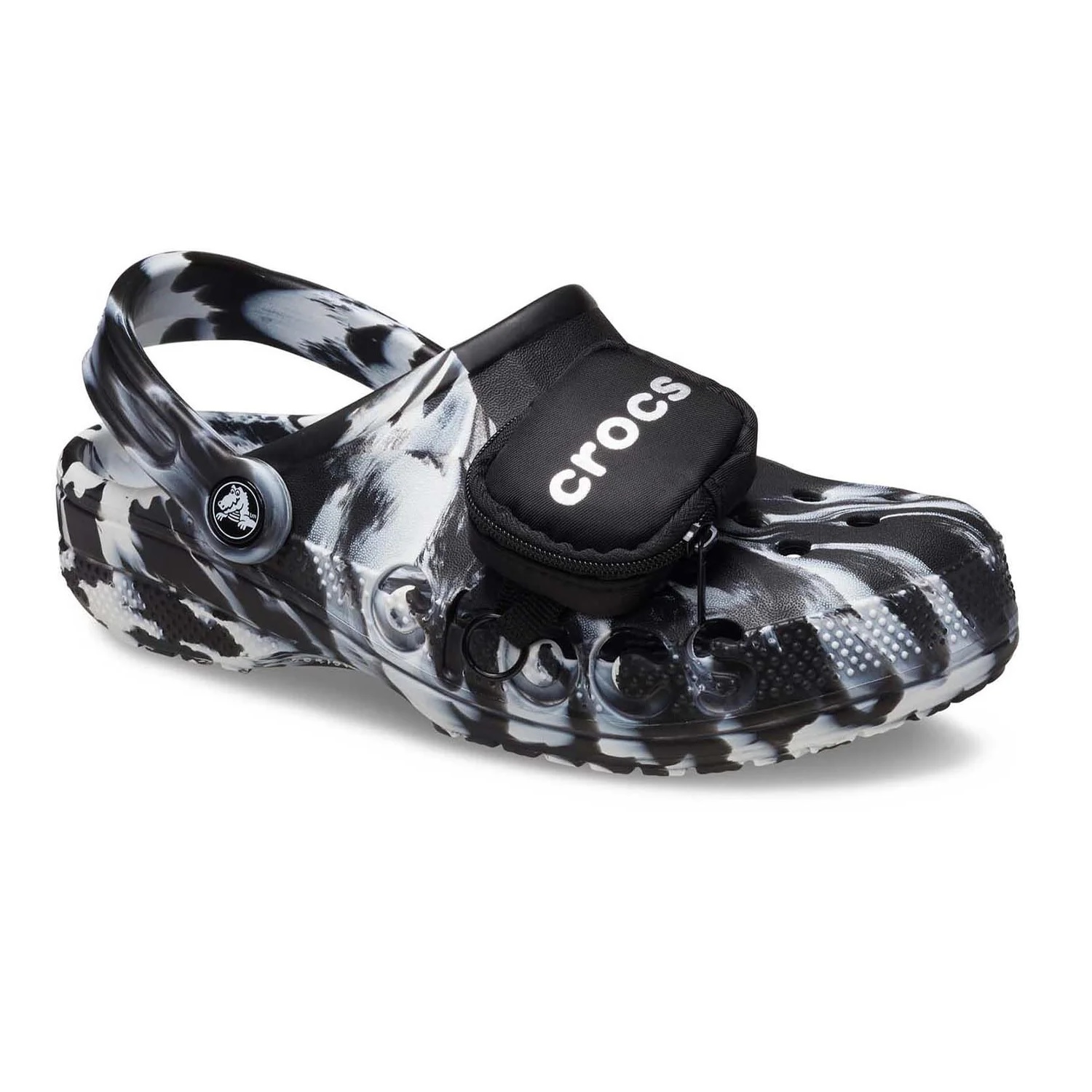 Black and white marbled Crocs Baya Clogs with a small, black zippered pouch attached to the top, featuring the Crocs logo. These clogs have a distinctive textured design and a heel strap for a secure fit.