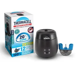 Thermacell mosquito repellent device in black, designed to create a 20-foot protection zone. Includes a 12-hour refill and promotes an E52-shield for patios.
