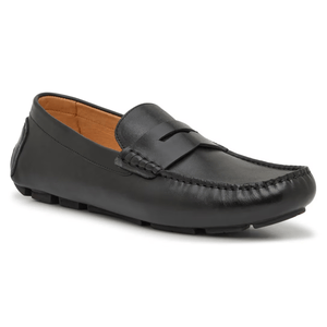 Black leather loafer with a moccasin-style stitching, penny strap, and rubber sole.