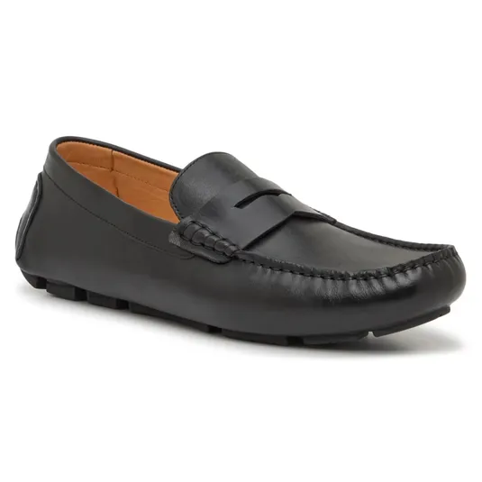 Black leather loafer with a moccasin-style stitching, penny strap, and rubber sole.