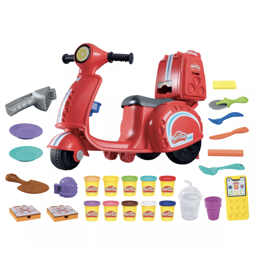 Play-Doh scooter toy set includes a red scooter, multiple cans of Play-Doh, various molds, cutters, and accessories for creative play.