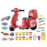 Play-Doh scooter toy set includes a red scooter, multiple cans of Play-Doh, various molds, cutters, and accessories for creative play.