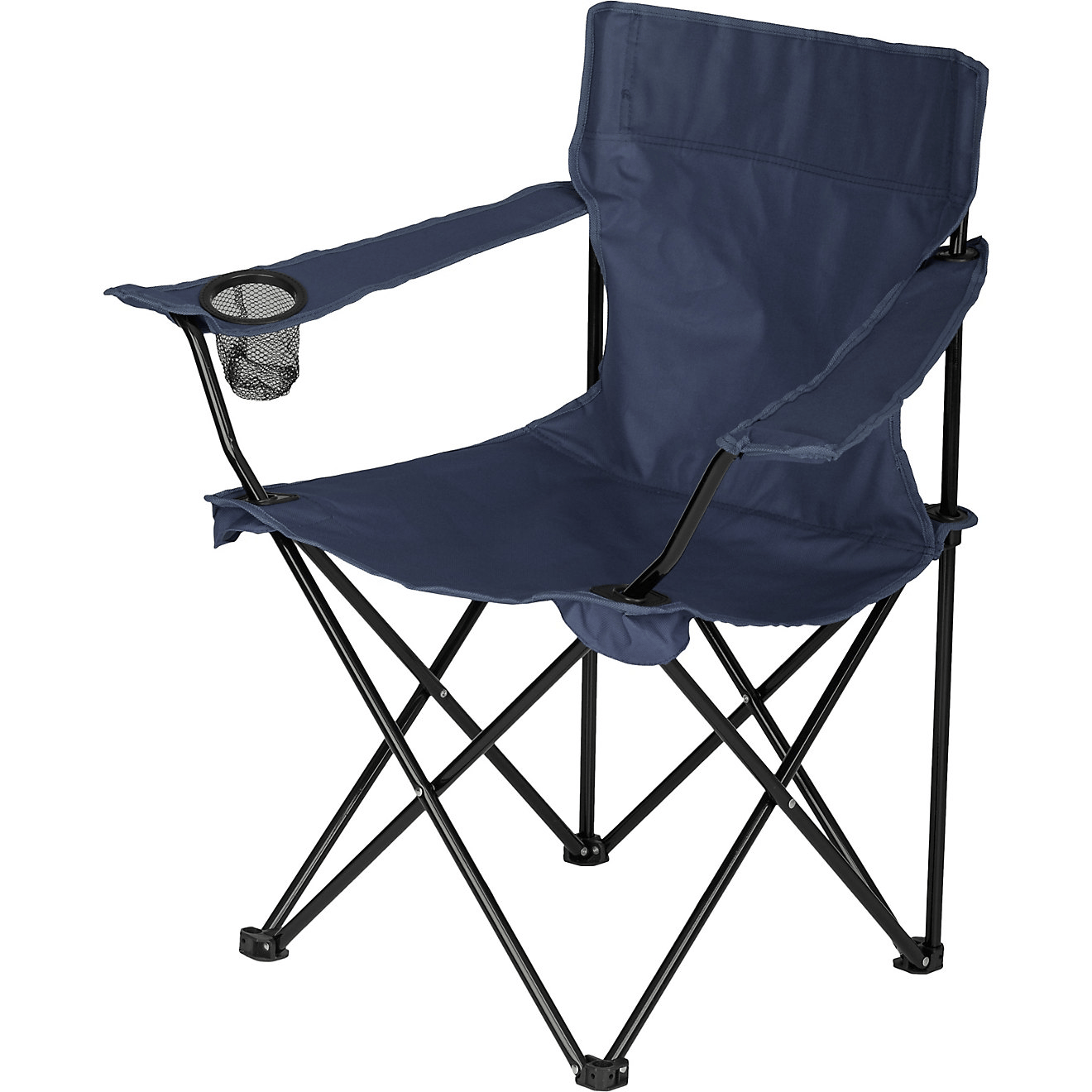 A blue folding camping chair with a cup holder in the armrest, featuring a metal frame and fabric seat.